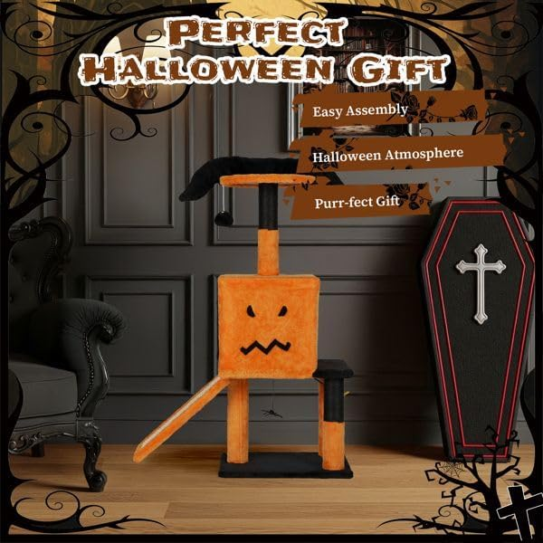 Árbol de Gato de Halloween 39" - Torre de Calabaza (Naranja/Negro)