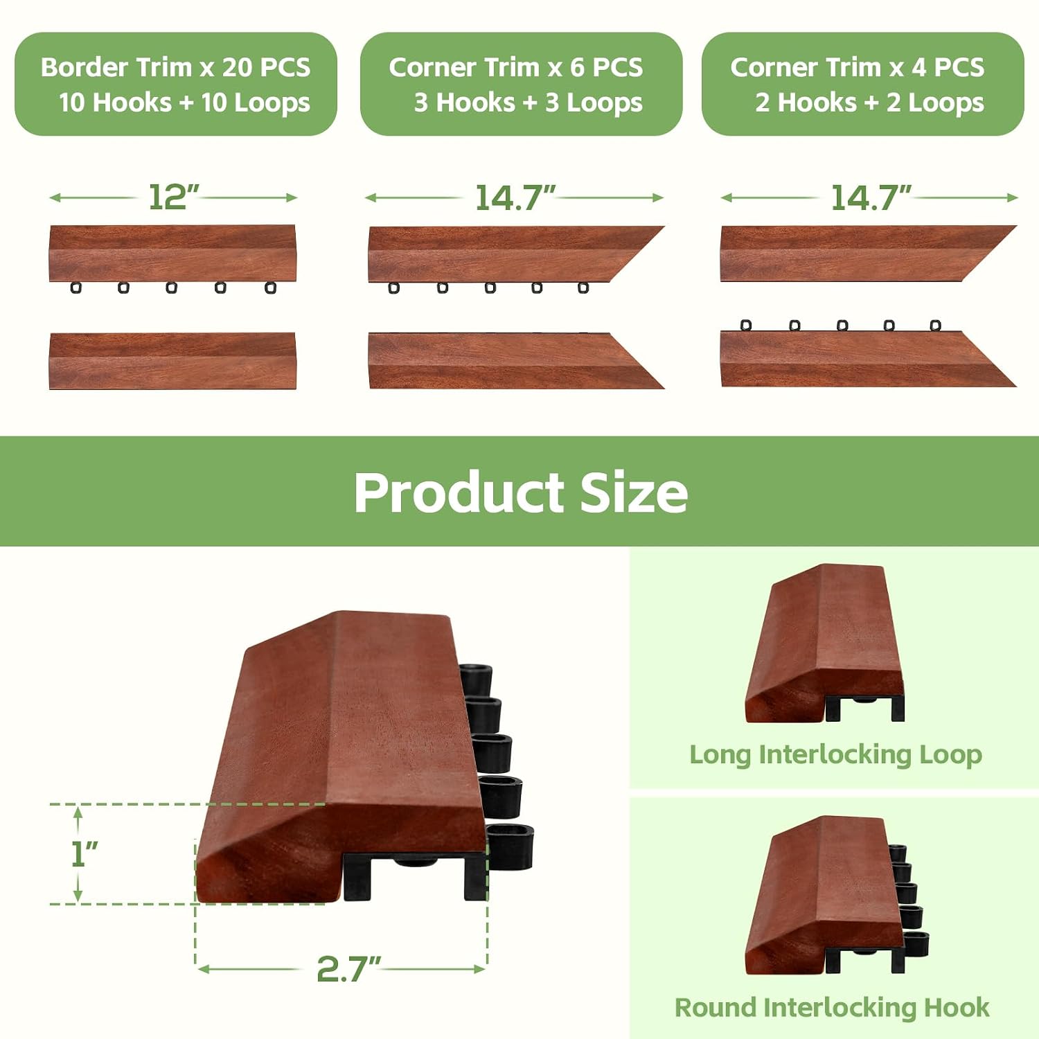 PrimeZone Solid Acacia Wood Edge Trim Set for Interlocking Deck Tiles