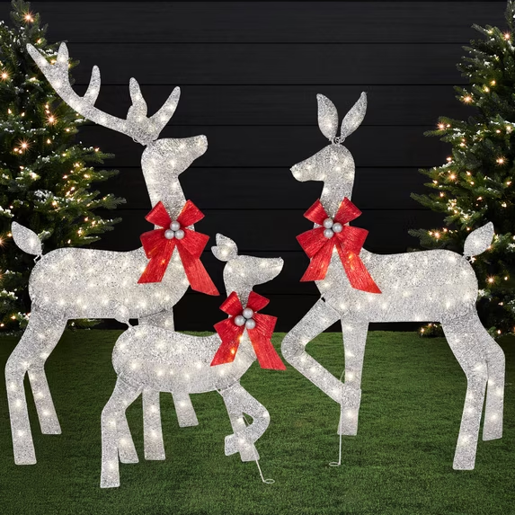 3-Piece Lighted Christmas Deer Family Set Shimmering Silver Yard Decor