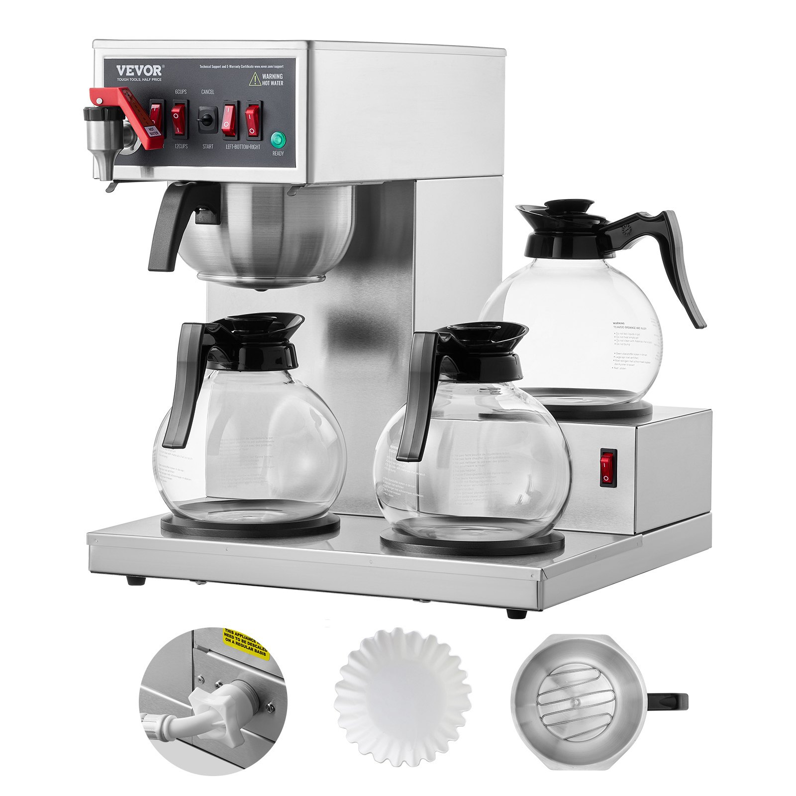 Cafetera de Goteo Comercial VEVOR de 12 Tazas - 3 Jarras y 3 Calentadores (Modelo FRB-286-BD3)