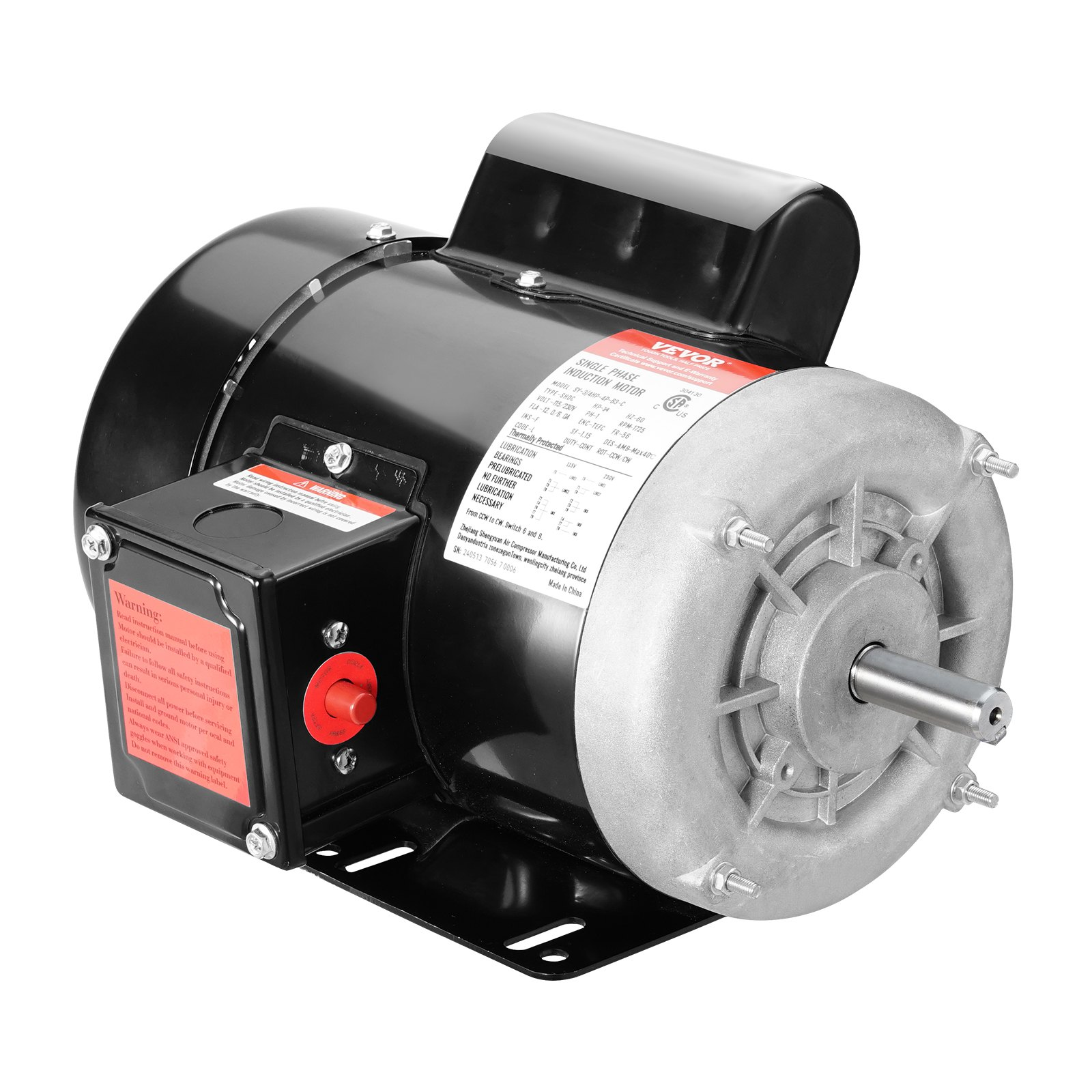 Motor Eléctrico VEVOR 0.75HP Monofásico - Nuevo 115V/230V Armazón 56