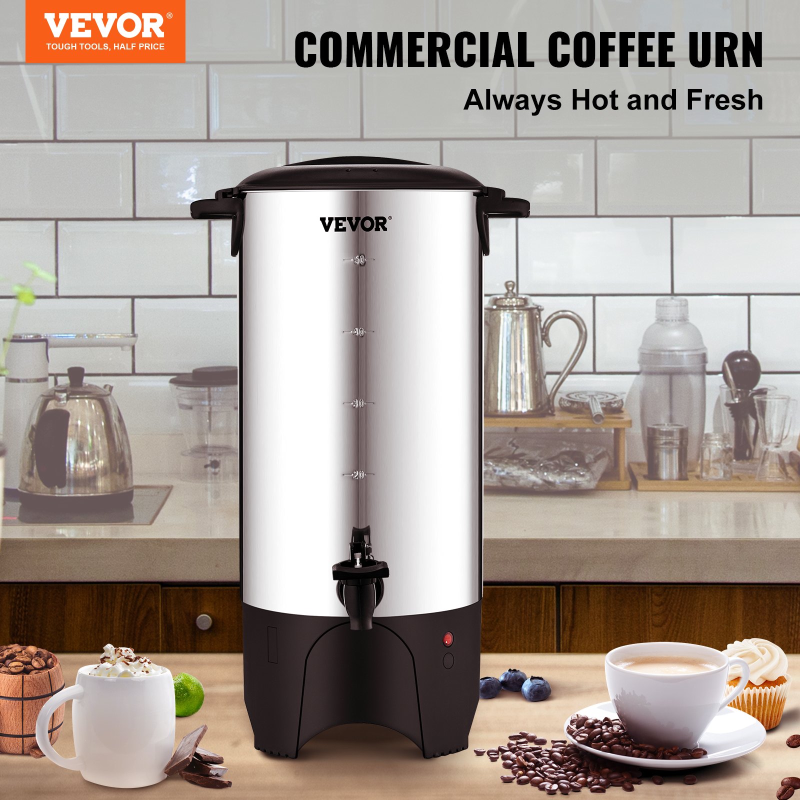 Urna de Café Comercial VEVOR de 50 Tazas - Dispensador de Acero Inoxidable (1000W / 110V)