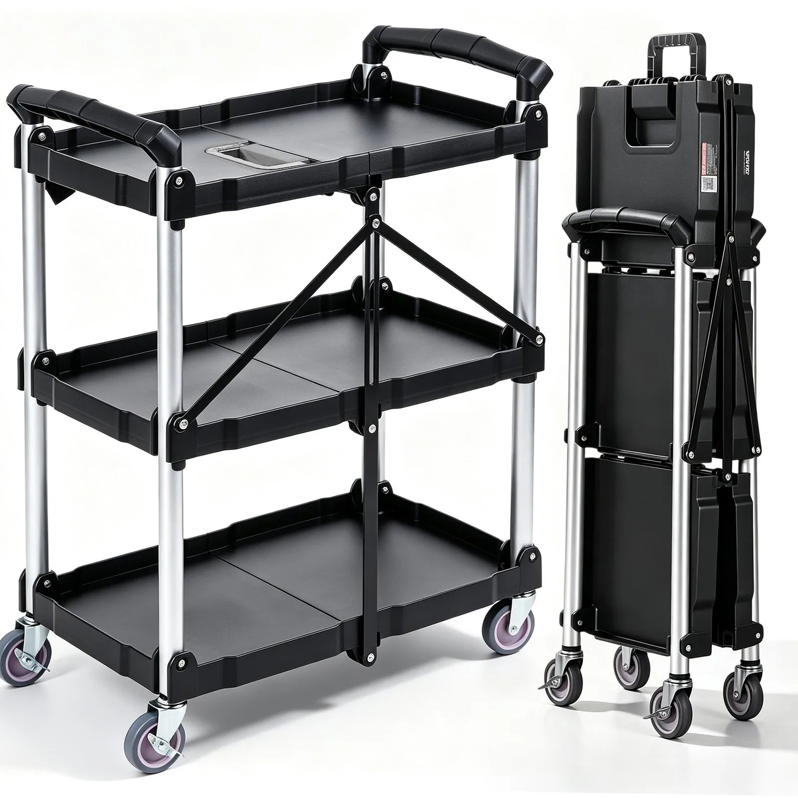 3-Shelf Foldable Rolling Utility Cart - Brand New 165 lbs Plastic Service Trolley