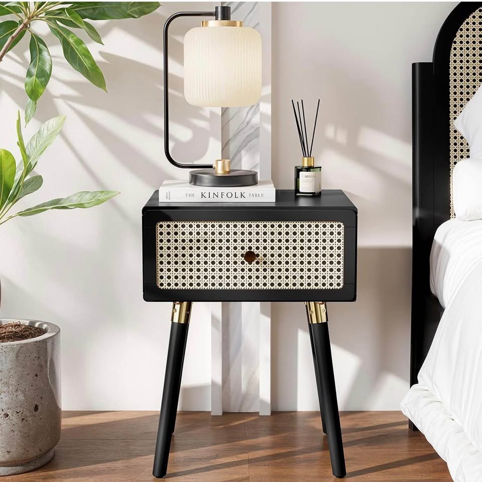 Bme Solid Wood and Rattan Nightstand - Boho End Table (Brand New)