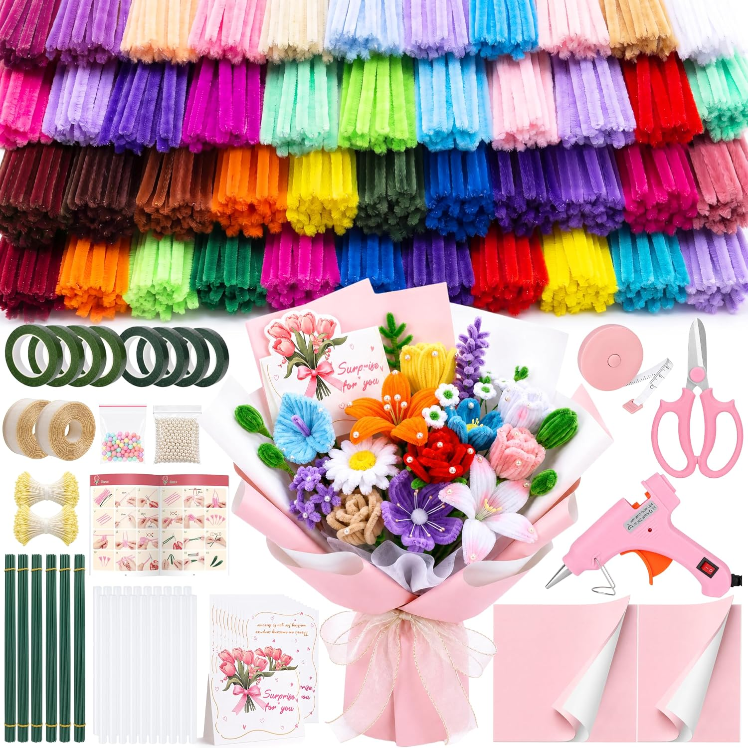 2500Pcs Pipe Cleaner Flower Making Kit - Brand New 44-Color Mega Craft Bouquet Set