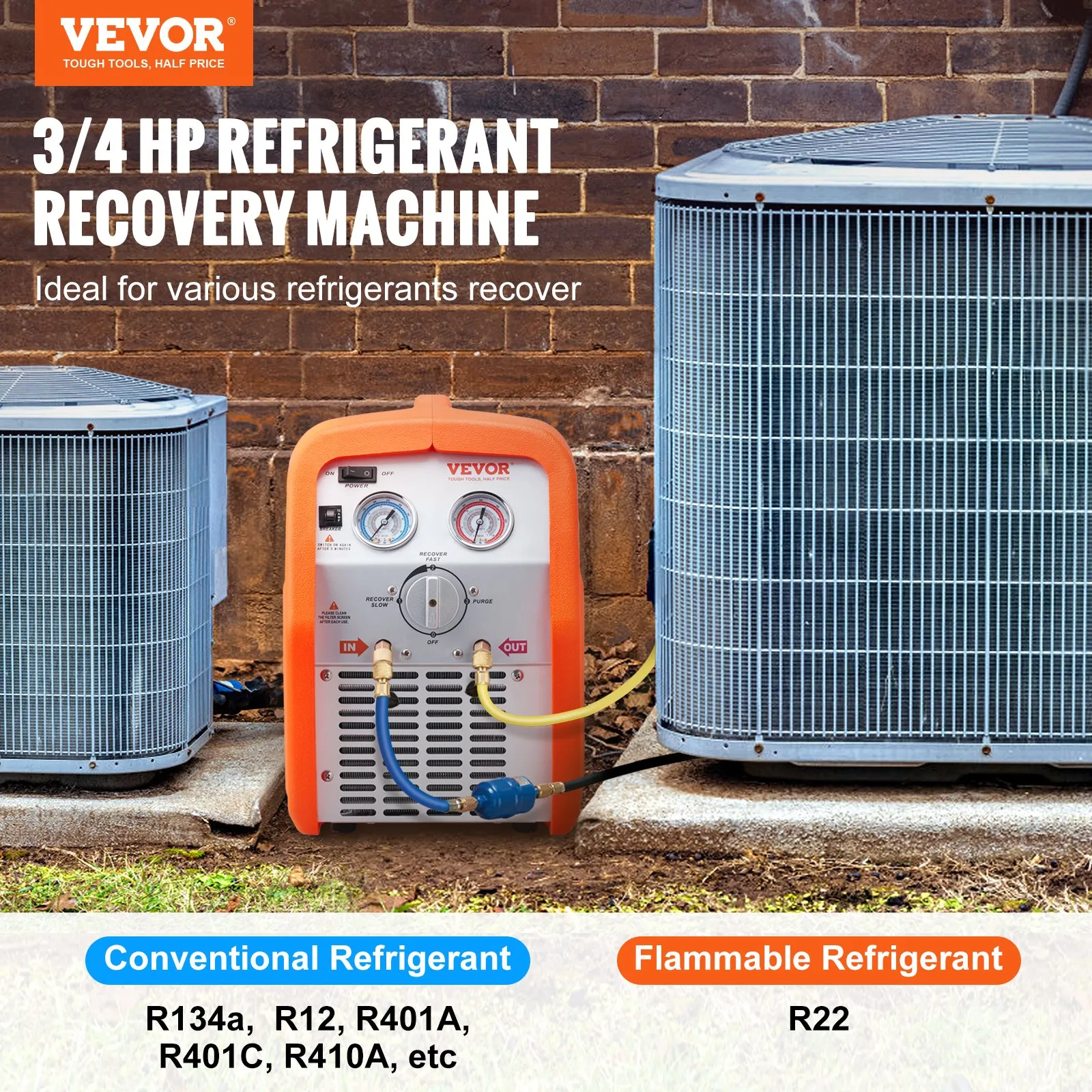 VEVOR 3/4 HP Refrigerant Recovery Machine - Portable HVAC Freon Recycling Unit