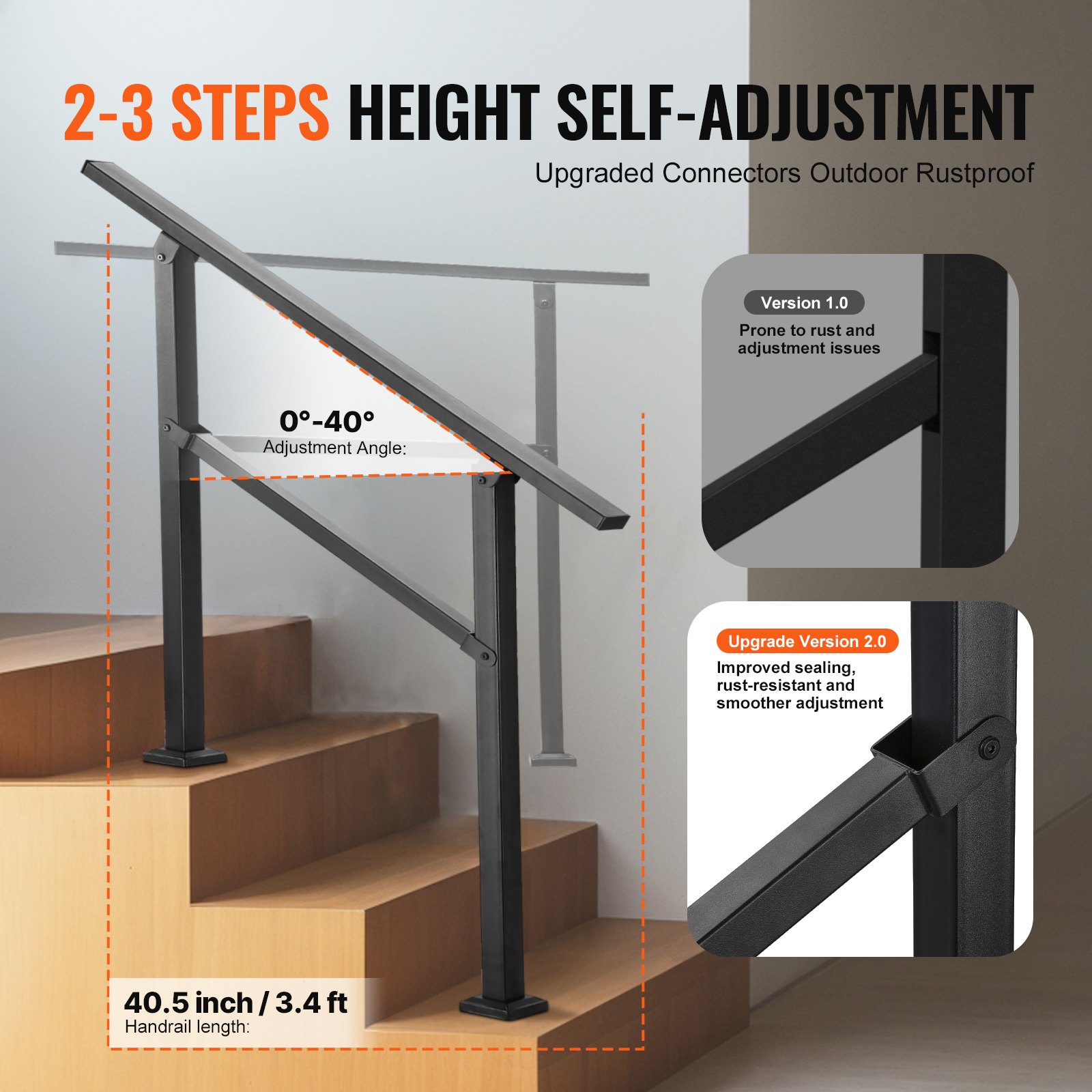 VEVOR Adjustable Outdoor Handrail - Fits 2-3 Steps Matte Black