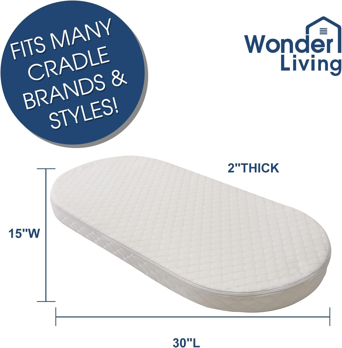 Wonder Living Oval Baby Bassinet & Cradle Mattress (30" x 15" x 2")